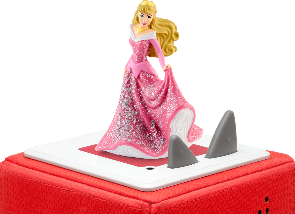 Aurora-Figur auf roter Box mit zwei Haifischflossen. Weiße Basis.