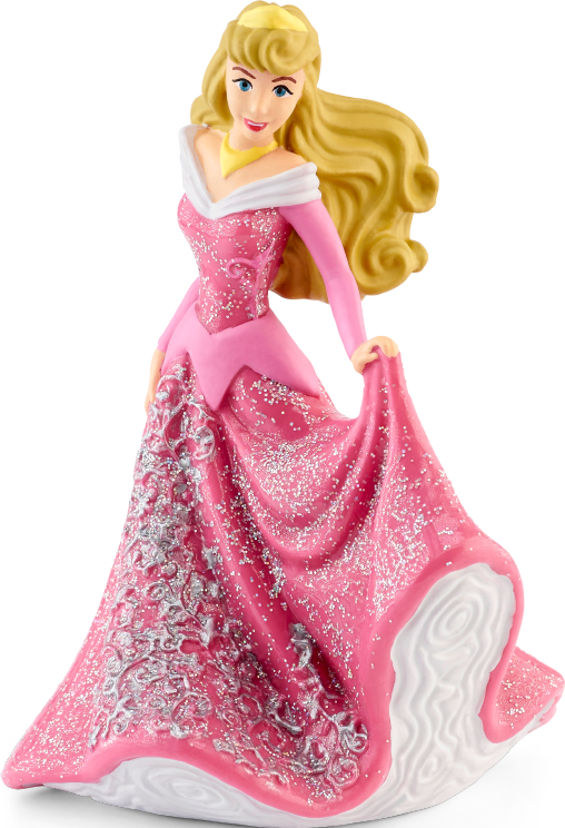 Prinzessin Aurora in einem rosa Kleid mit goldenen Haaren und Krone lächelt.