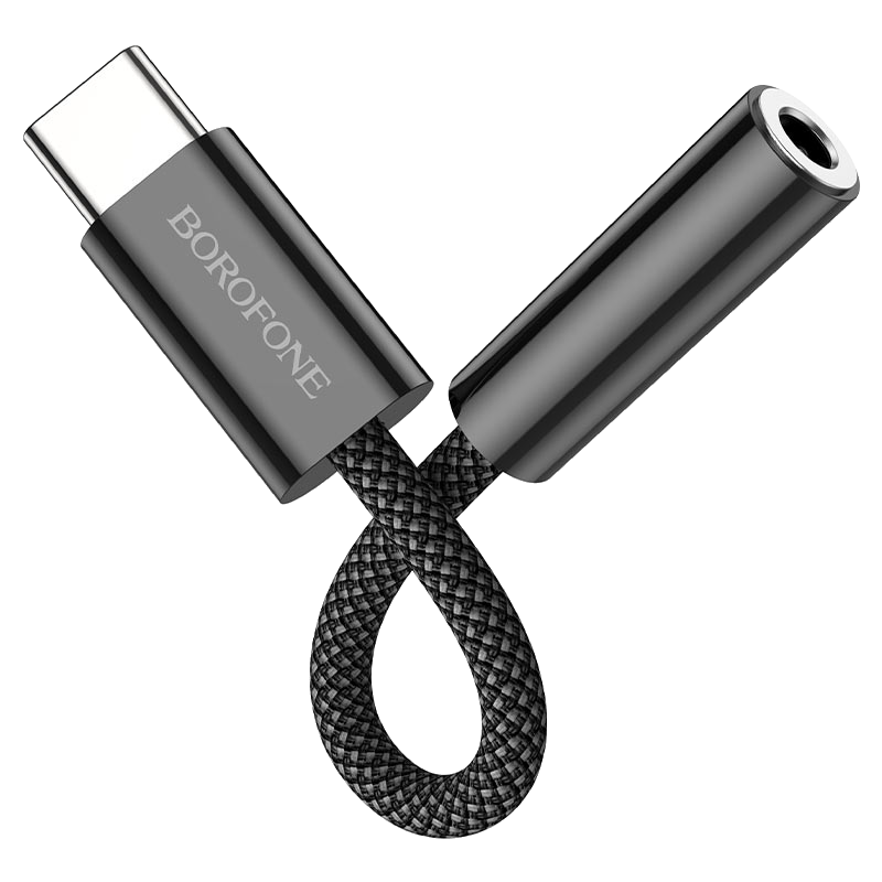 Fekete USB-C – 3,5 mm-es adapter. Fekete fonott kábel. A Borofone márkanév látható.