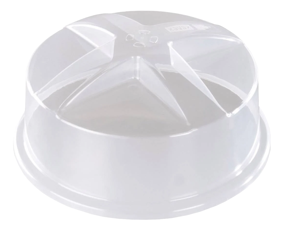 Coperchio per torta in plastica trasparente e rotonda su sfondo nero. Ha una parte superiore a forma di stella e una base circolare.