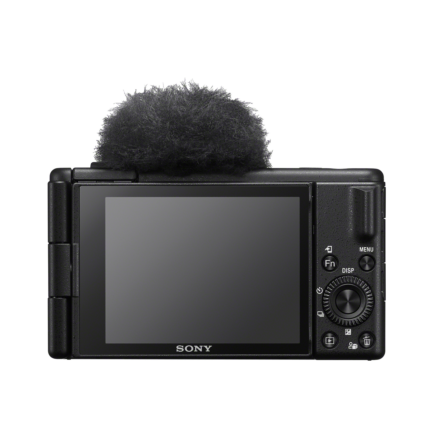 Black camera back view with microphone attached. The screen is on. Buttons and dial are visible.