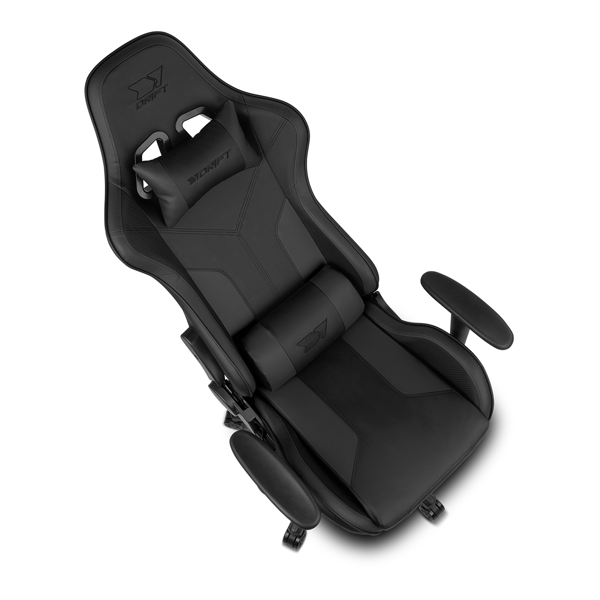 Silla gaming negra, con reposacabezas negro y cojín lumbar negro.