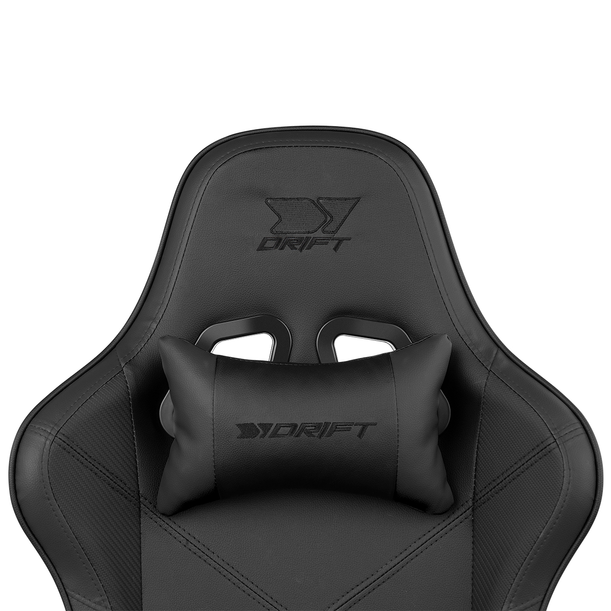 Una silla gamer negra con el logo Drift en el reposacabezas.