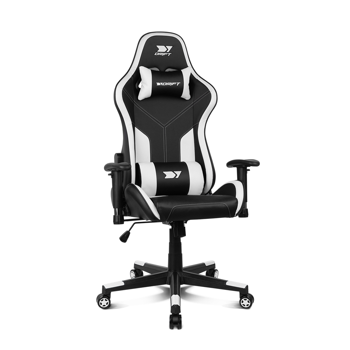 Silla gaming negra y blanca con el logo DRİFT en el reposacabezas y soporte lumbar.
