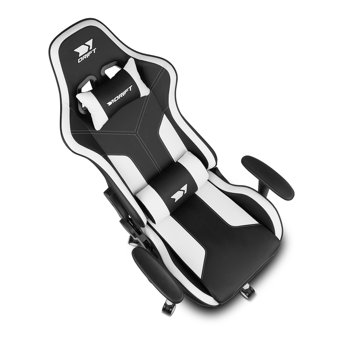 Una silla gaming en blanco y negro con soporte para la cabeza y lumbar. La silla está sobre un fondo blanco.