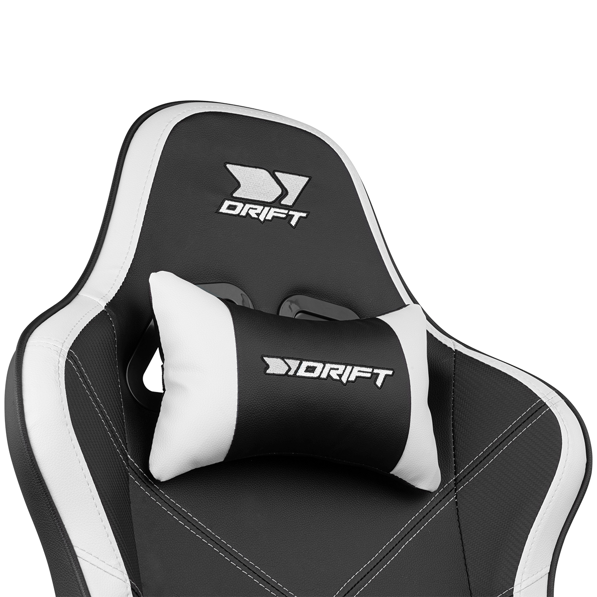 Reposacabezas de silla gaming blanco y negro con logo DRIFT, sobre fondo blanco.