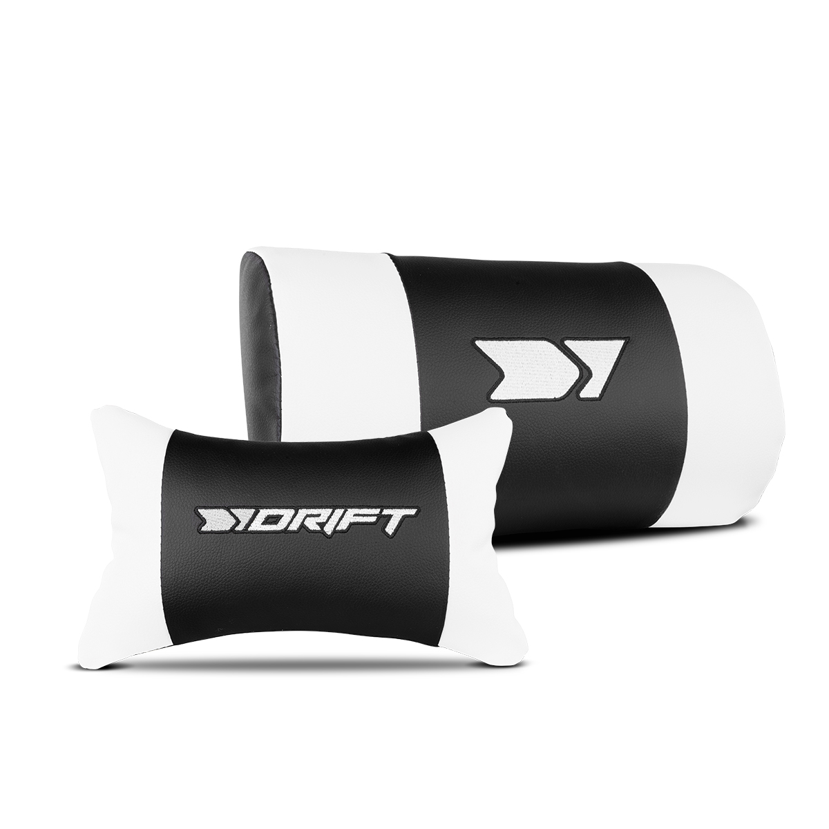 Dos cojines cervicales para coche en blanco y negro con la palabra DRIFT.
