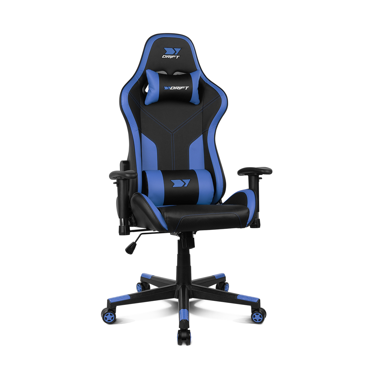 Silla gaming, negro y azul, vista frontal, fondo blanco.