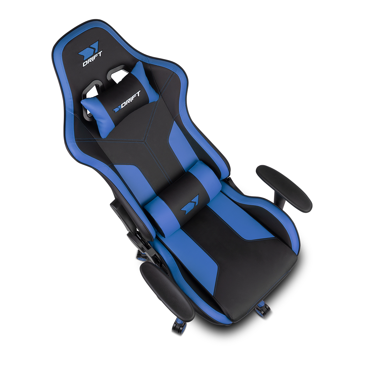 Silla gamer azul y negra con reposacabezas y reposabrazos, sobre fondo blanco.