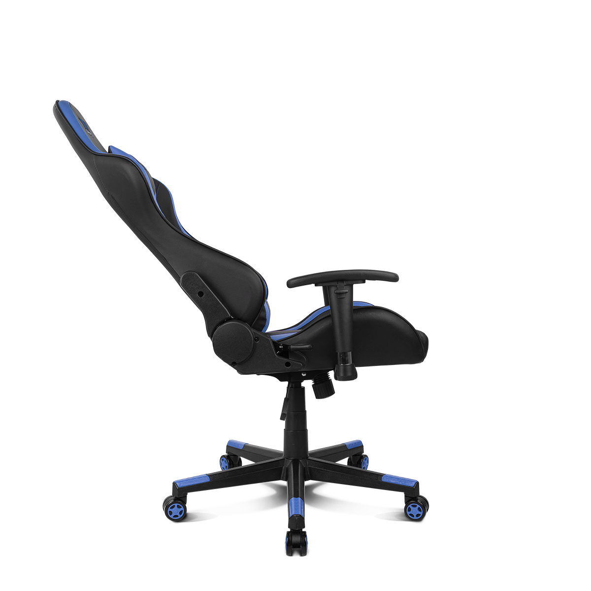 Silla gamer, negra y azul, vista lateral. Muestra el diseño del respaldo y el asiento, con un fondo blanco.