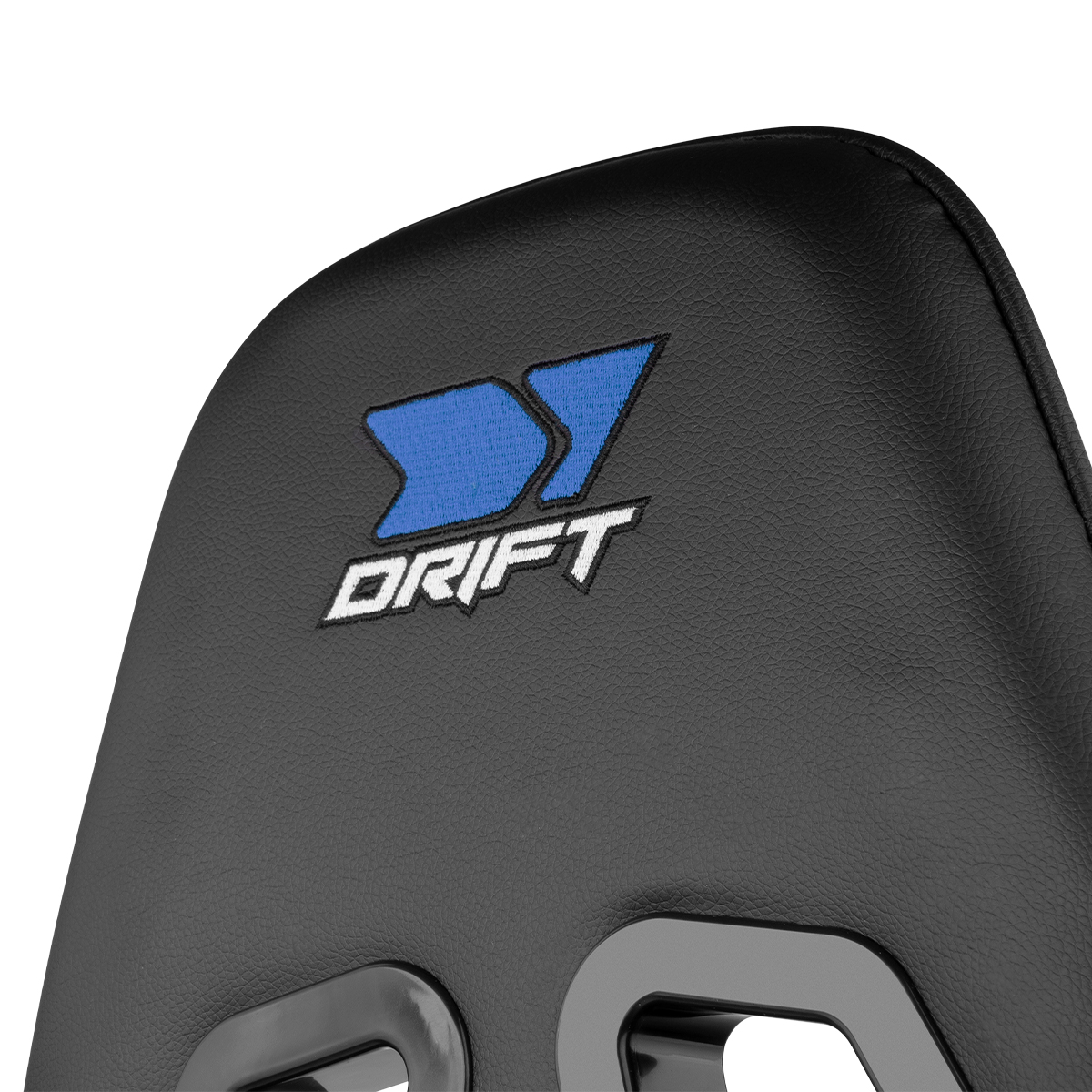Reposacabezas negro del asiento del coche. La palabra 'DRIFT' en blanco con un logotipo de flecha azul.