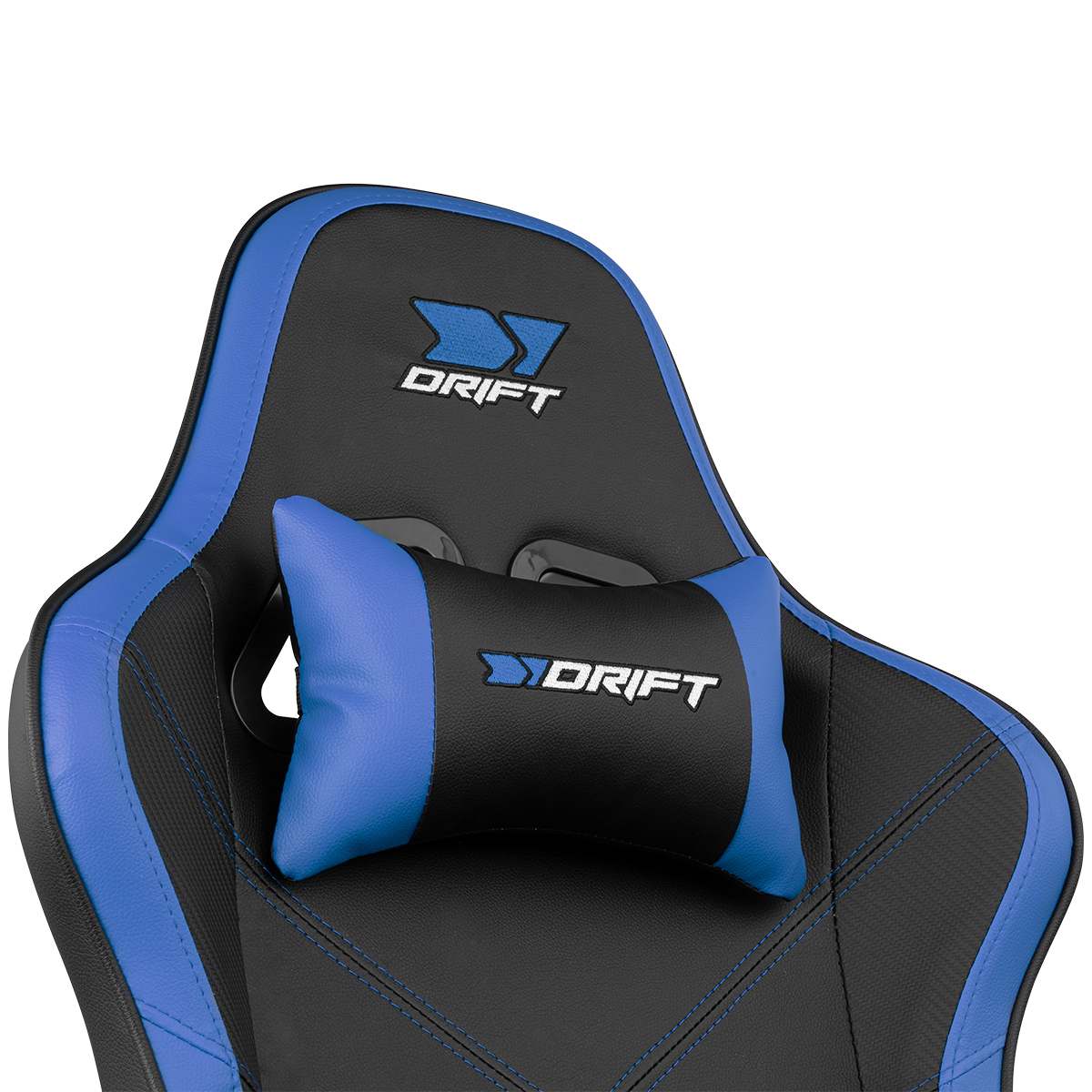 Reposacabezas de silla gaming con diseño azul y negro. La palabra DRIFT es visible.