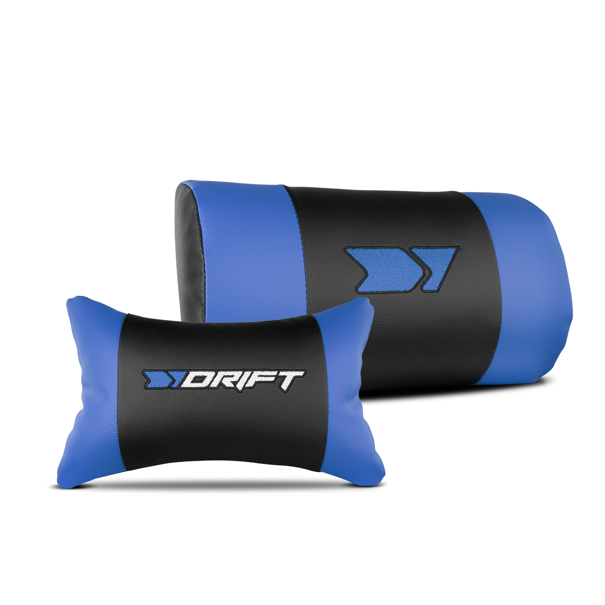 Dos almohadas para el cuello de coche azules y negras. Una es rectangular y la otra más pequeña. La palabra 'DRIFT' es visible en una.