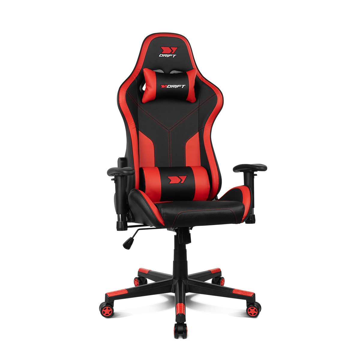 Silla gaming, negra y roja con reposacabezas y soporte lumbar, sobre blanco.