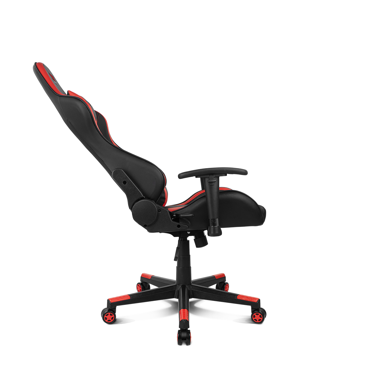 Silla gaming negra y roja con respaldo alto. Vista lateral.