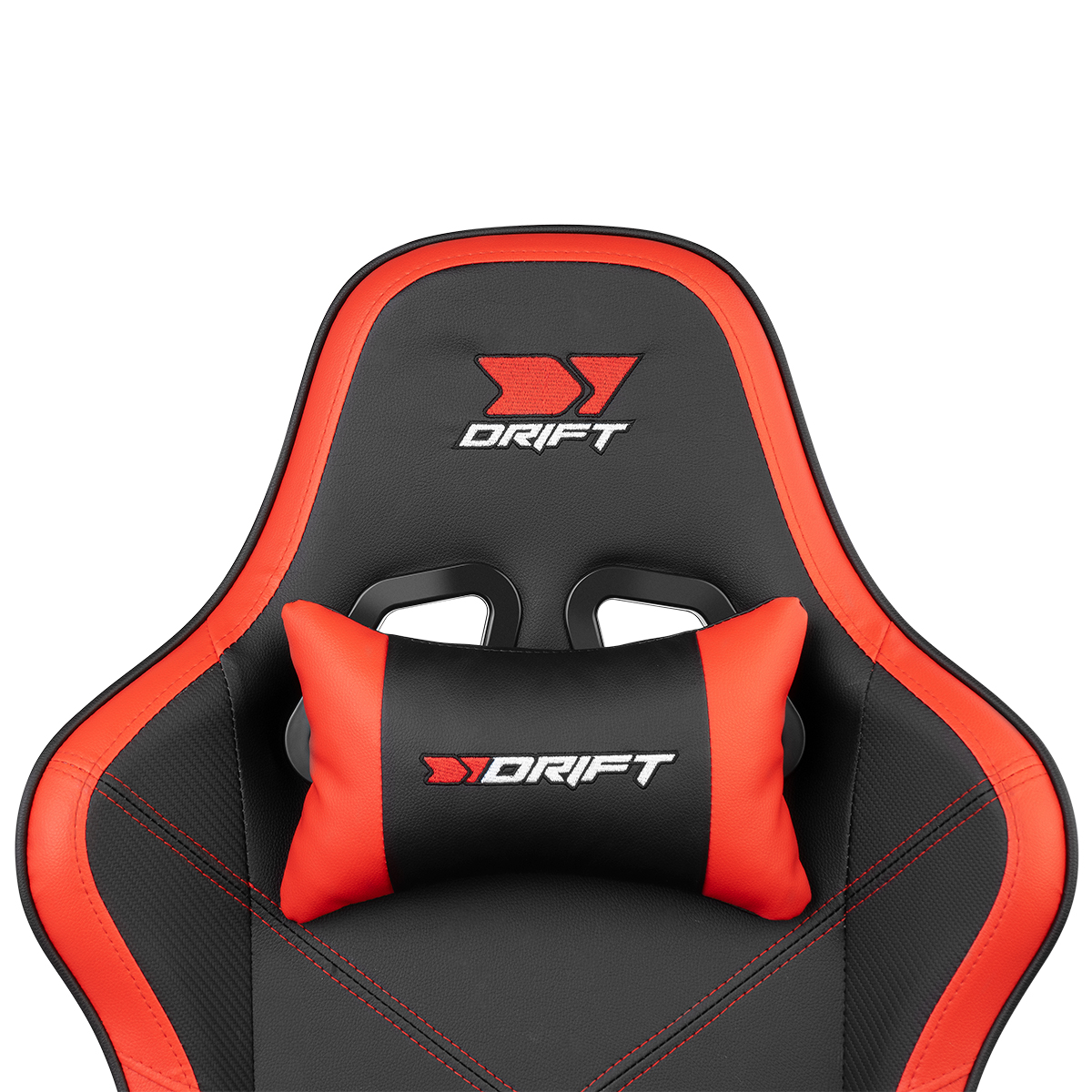 Silla gamer con diseño rojo y negro. El logotipo de Drift se muestra prominentemente en el reposacabezas.