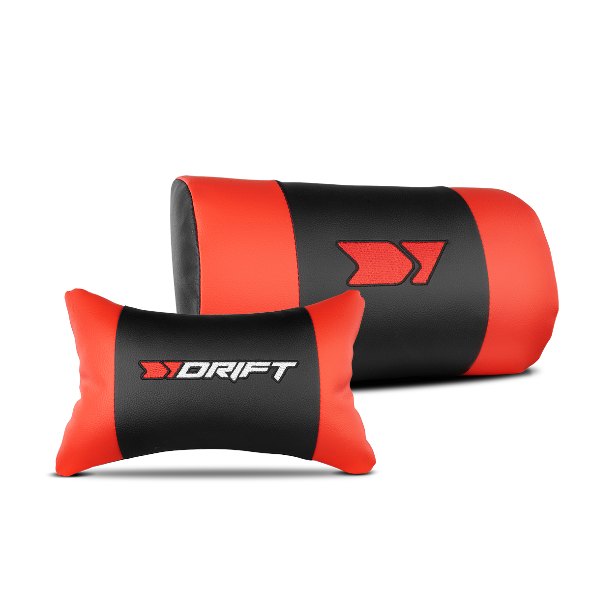 Dos almohadas para el cuello de coche rojas y negras con el logo 'DRIFT'.