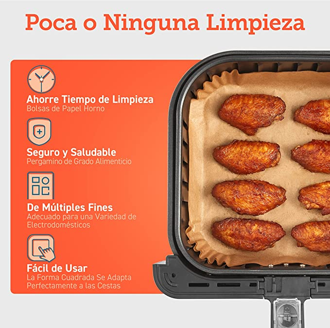Alitas de pollo en una freidora de aire. Texto sobre fácil limpieza y uso.