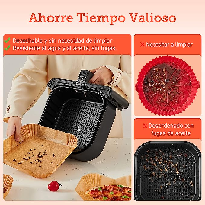 Una freidora de aire con insertos de papel. La imagen muestra los beneficios: cocina limpia.