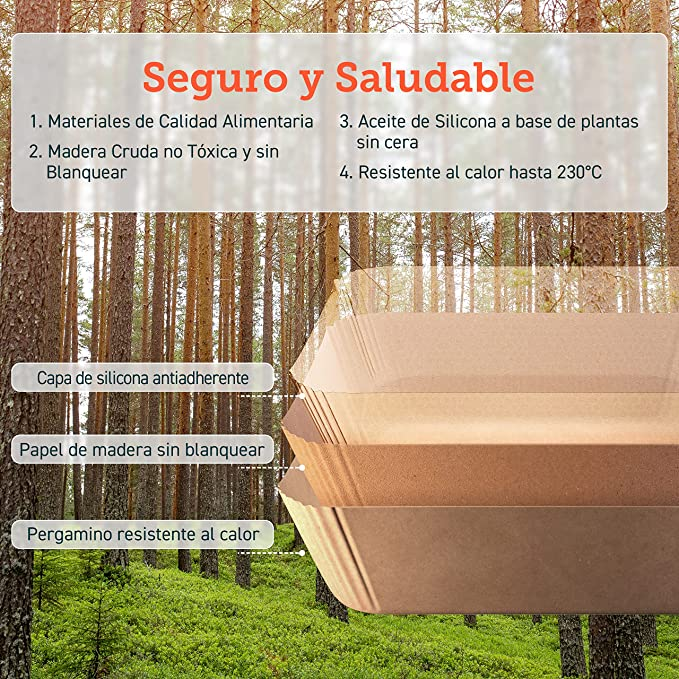 Una imagen en capas muestra un material de grado alimenticio frente a un bosque. El texto dice: “Seguro y Saludable”.
