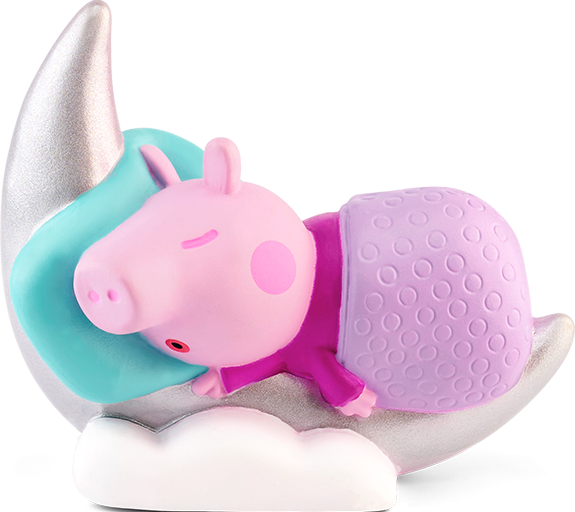 Peppa Wutz schläft auf einem Halbmond, in eine Decke gehüllt.