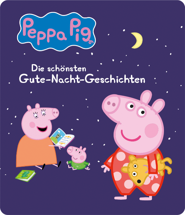 Peppa Wutz Buchcover. Peppa und Familie im Pyjama. Der Hintergrund hat einen Nachthimmel mit Mond.
