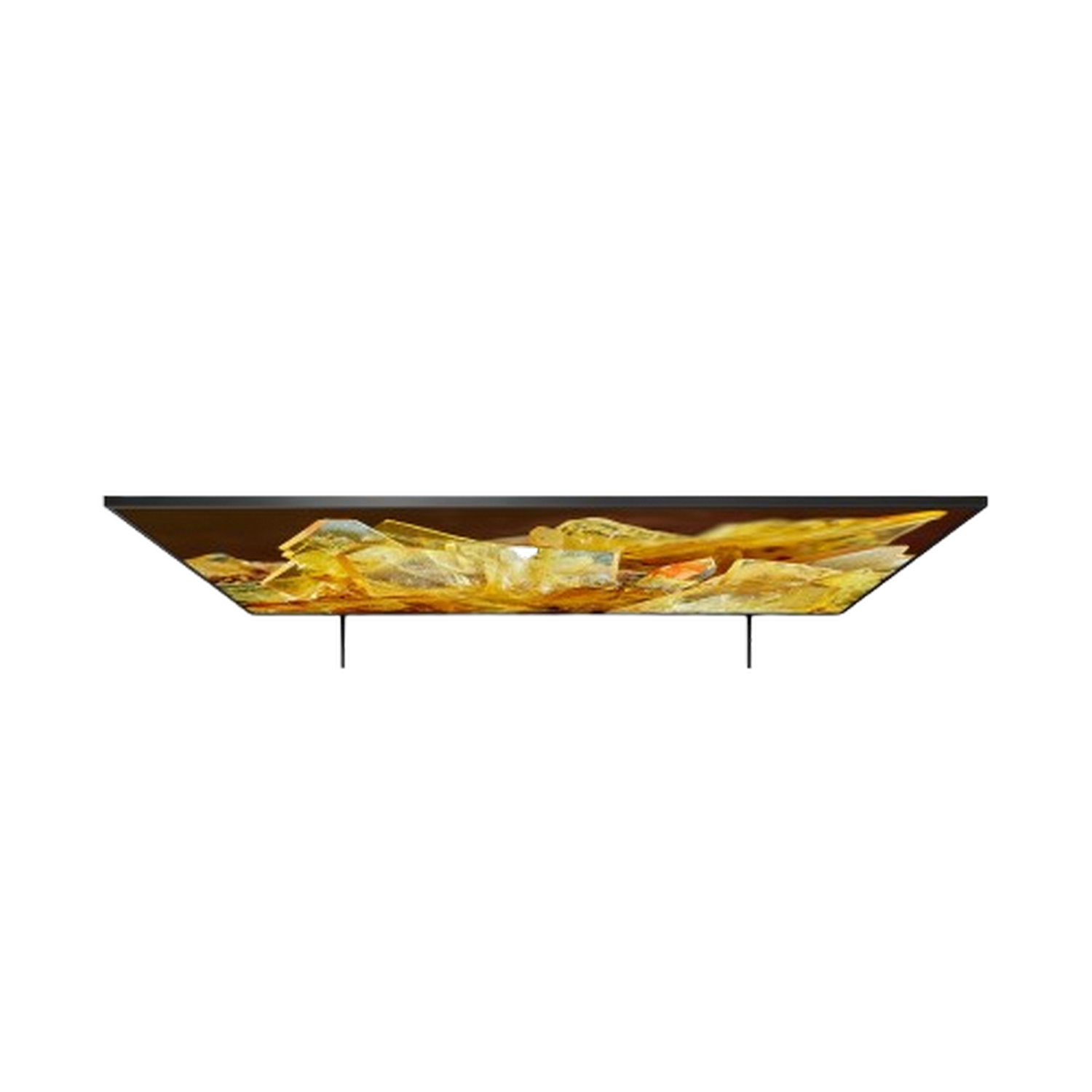 Platte tv, met een geel en goud abstract ontwerp. De tv staat op een zwarte ondergrond.