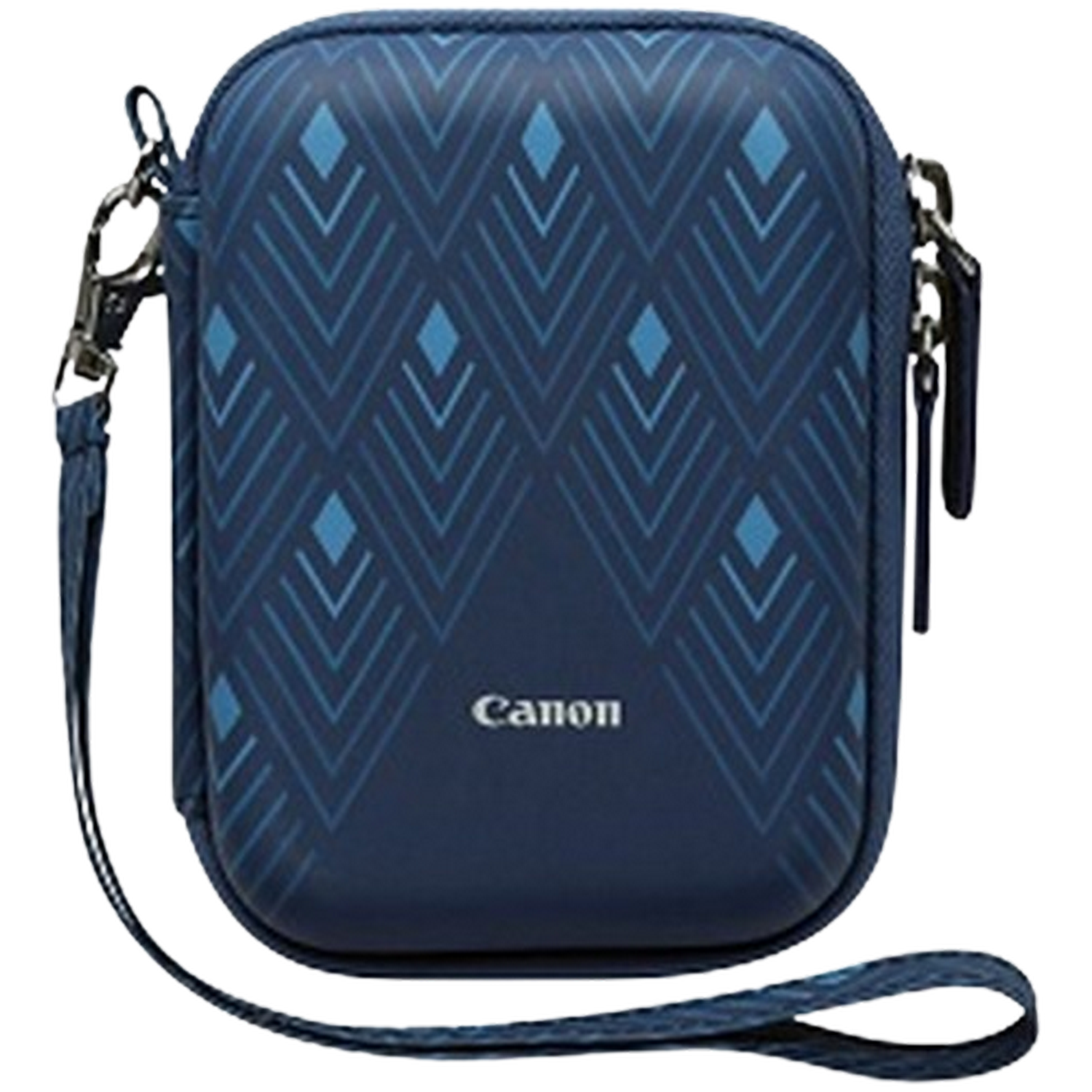 Navy blue Canon camera case with blue diamond pattern and a strap.