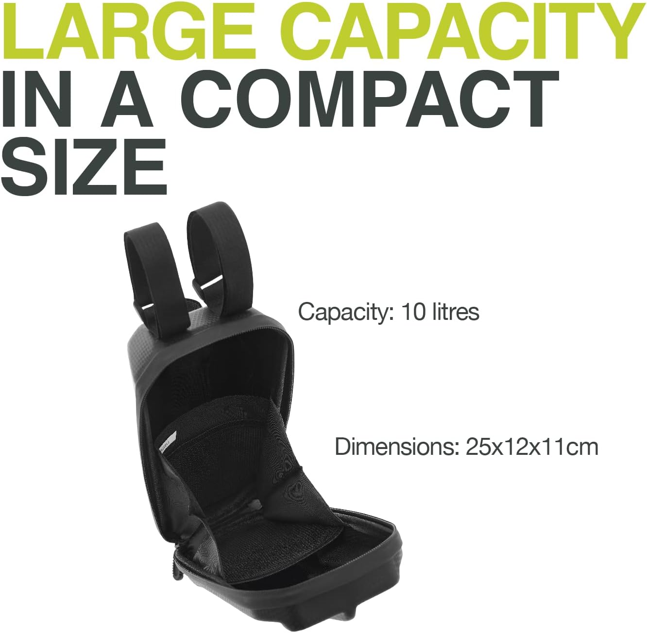 Sac de vélo noir avec texte : 'GRANDE CAPACITÉ DANS UNE TAILLE COMPACTE' et dimensions.