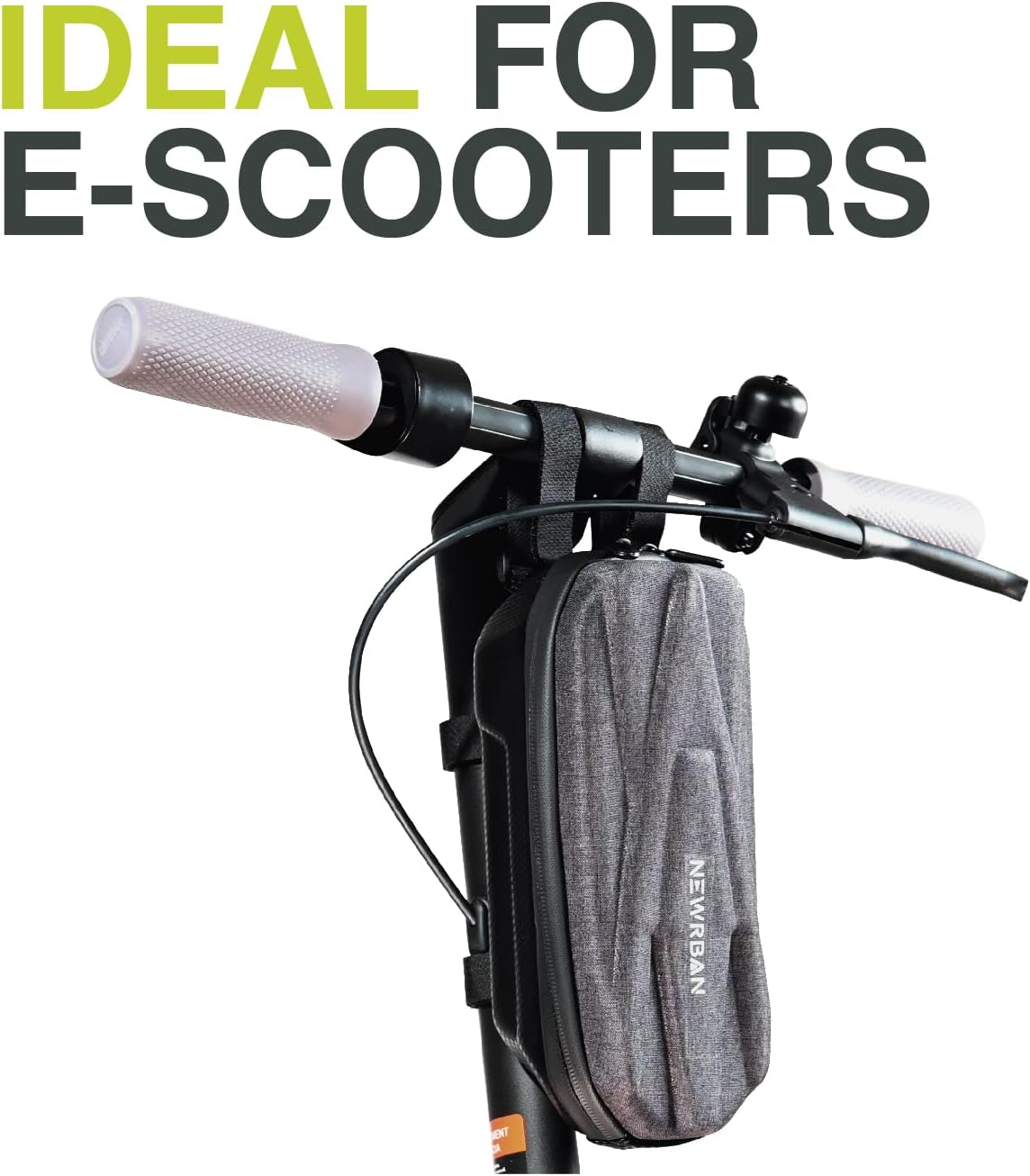 Un sac de guidon pour e-scooter sur fond blanc avec superposition de texte.