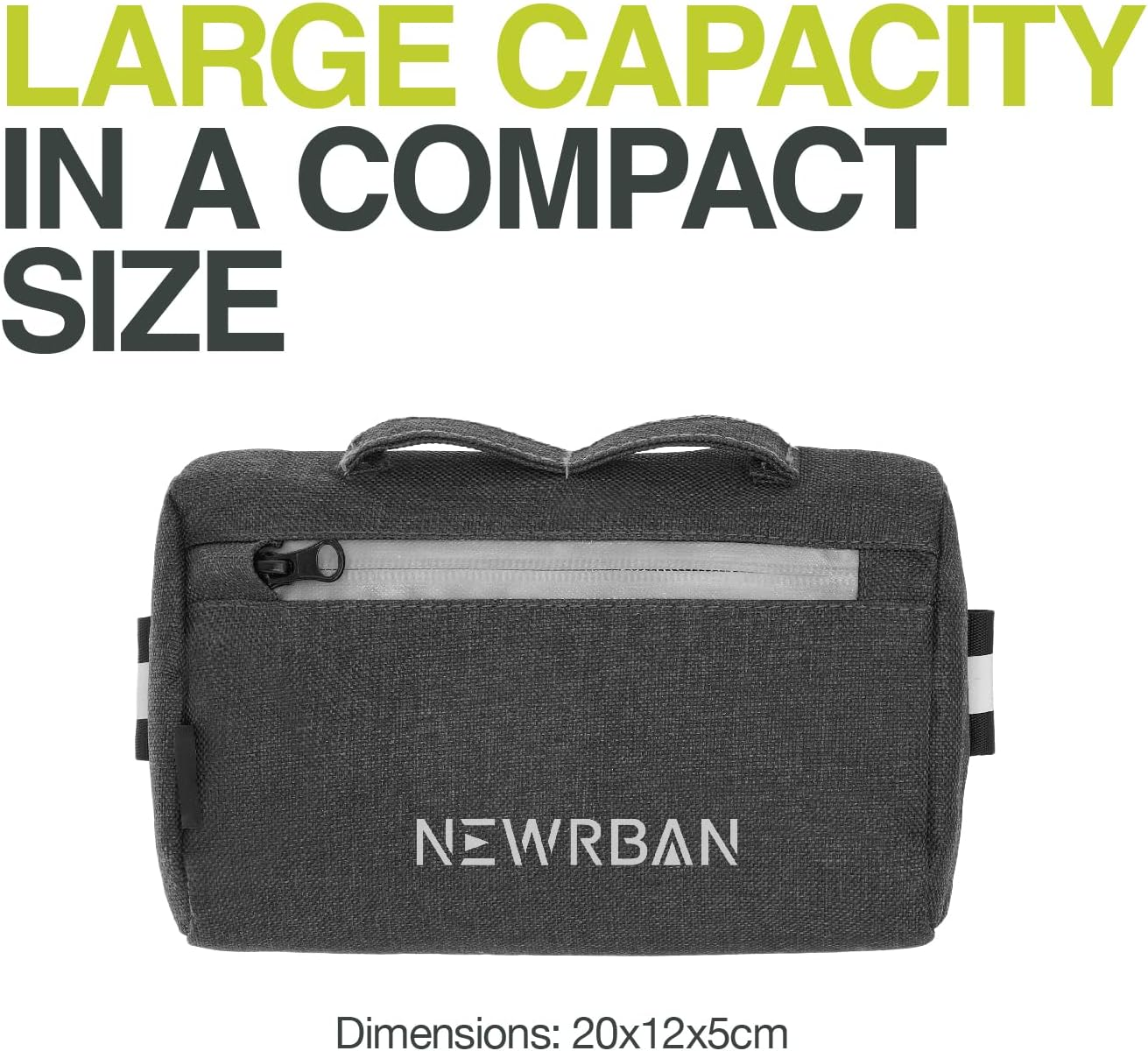 Borsa grigia con cerniera, testo 'NEWRBAN', dimensioni: 20x12x5cm.