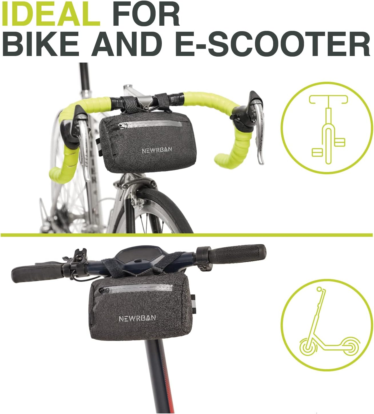 Due immagini che mostrano una bici e uno scooter con una borsa attaccata al manubrio. Testo: 'IDEAL FOR BIKE AND E-SCOOTER'.