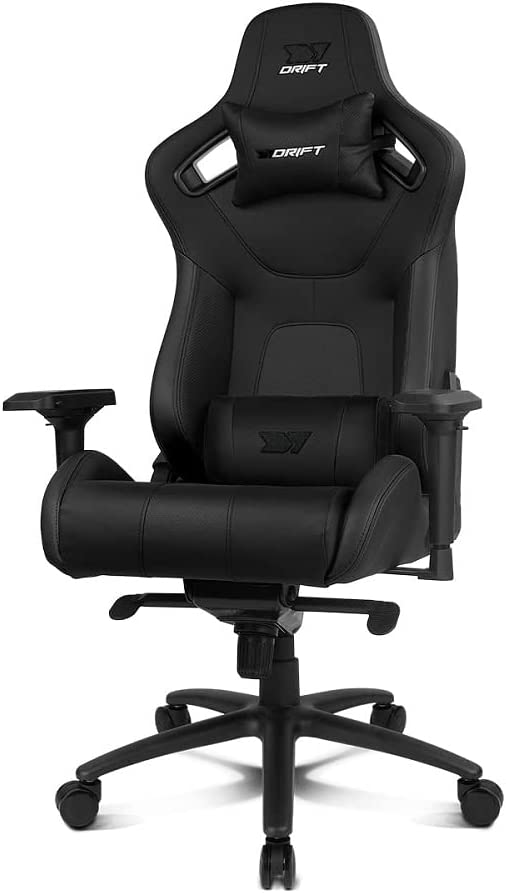 Una silla gaming DRIFT negra con reposacabezas, soporte lumbar y base de cinco estrellas.