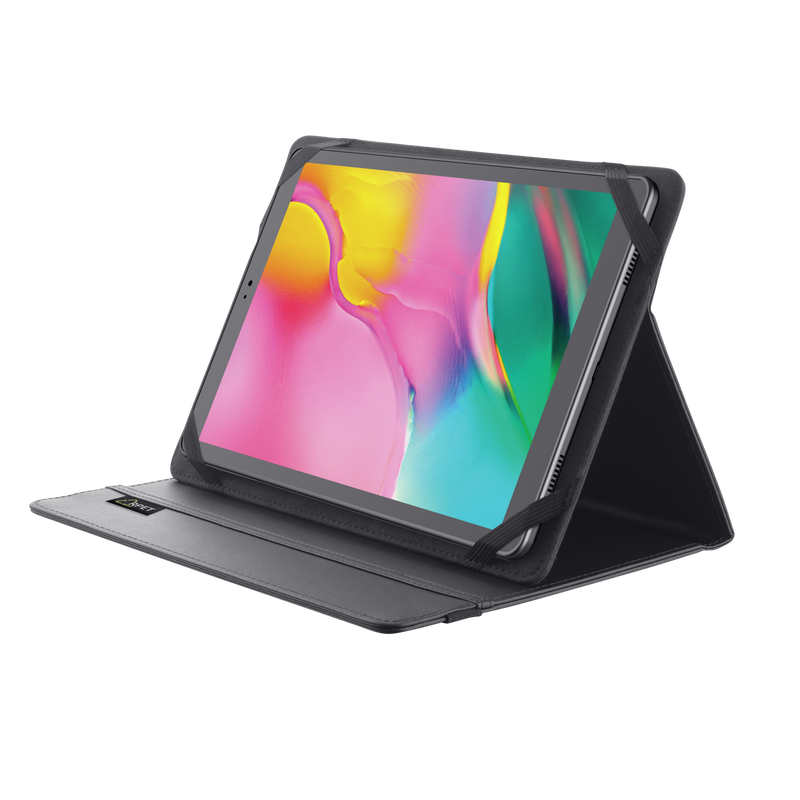 Una tableta en una funda, inclinada hacia arriba. La pantalla muestra arte abstracto colorido.