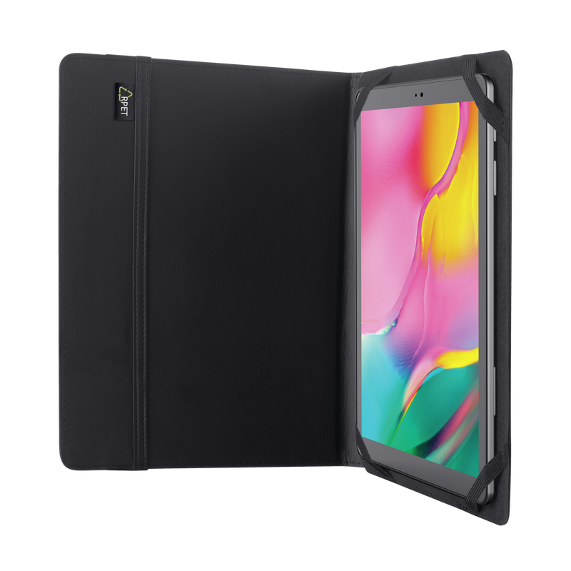 Tableta negra dentro de una funda negra. La tableta es visible con pantalla colorida.