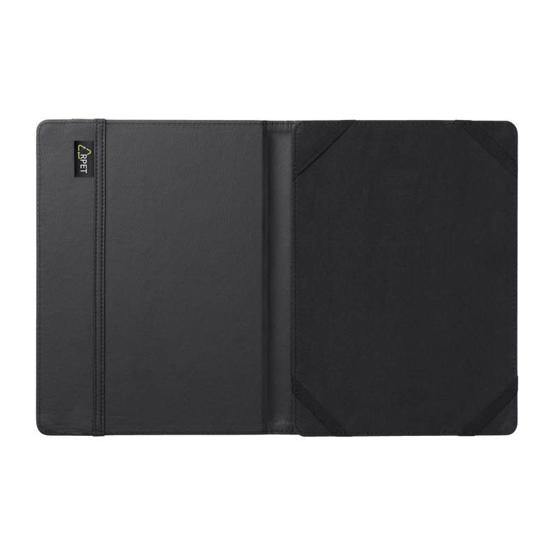 Cuaderno negro abierto con cierre elástico sobre fondo negro.