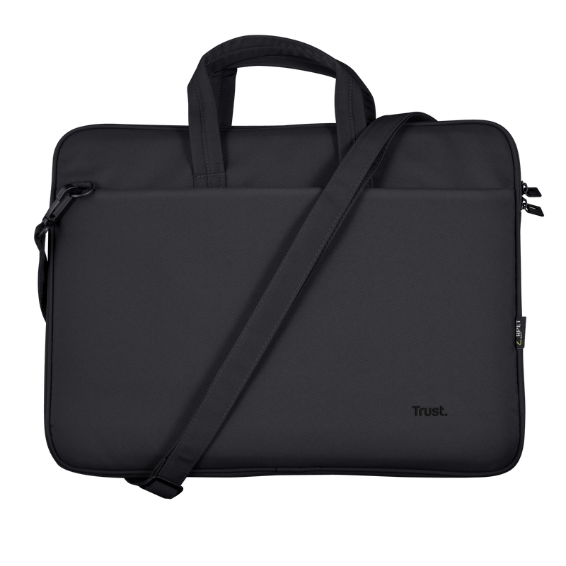 Bolsa negra para portátil con asa y correa. La bolsa tiene la palabra Trust.