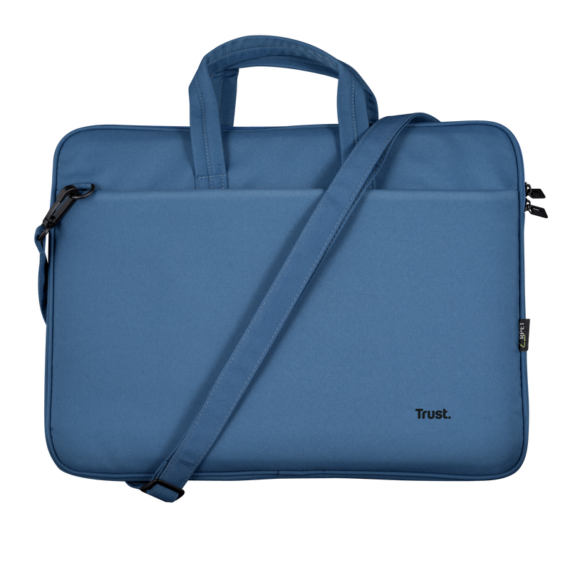 Una bolsa para portátil azul Trust con correa para el hombro y asa.