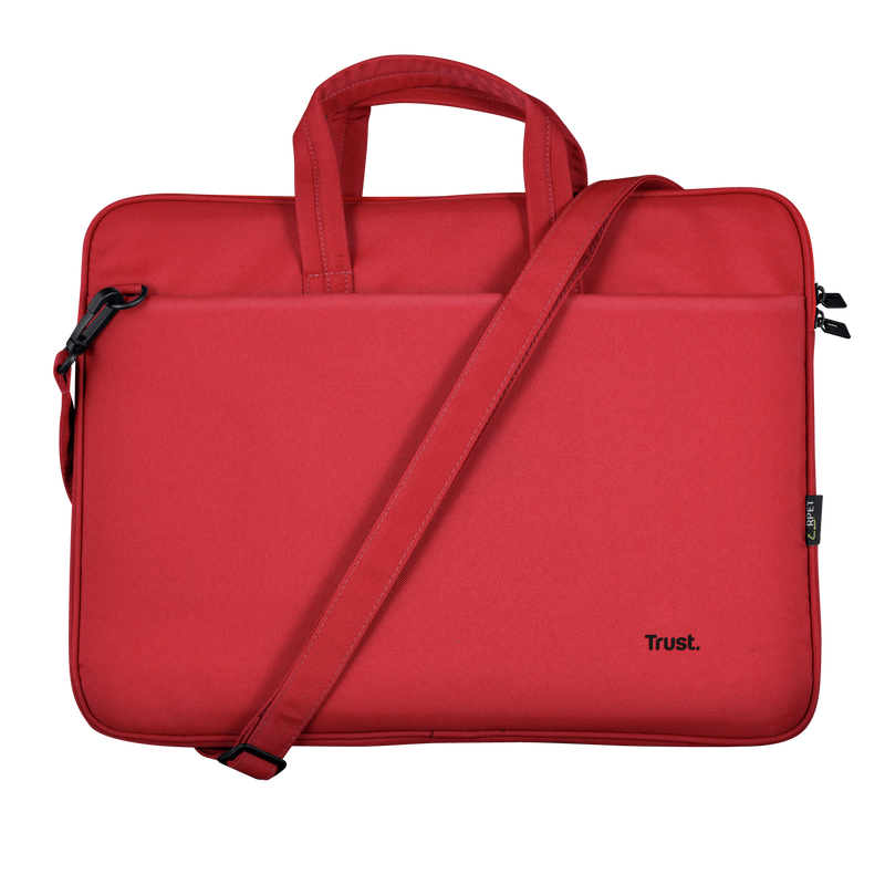 Una bolsa roja para portátil con asa, correa para el hombro y la palabra 'Trust' sobre fondo negro.