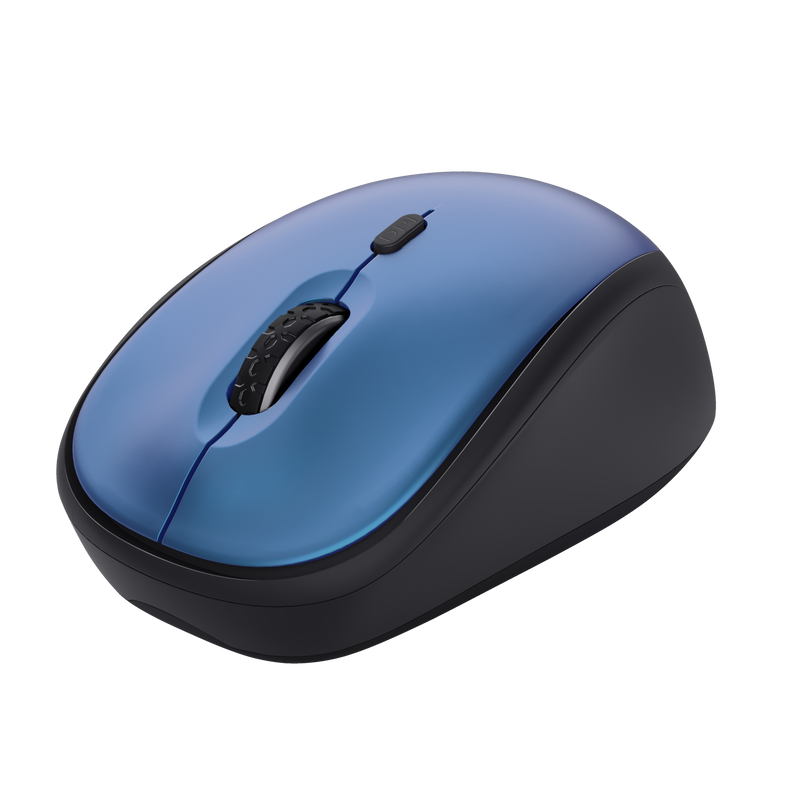 Ratón de ordenador azul con una rueda de desplazamiento negra.