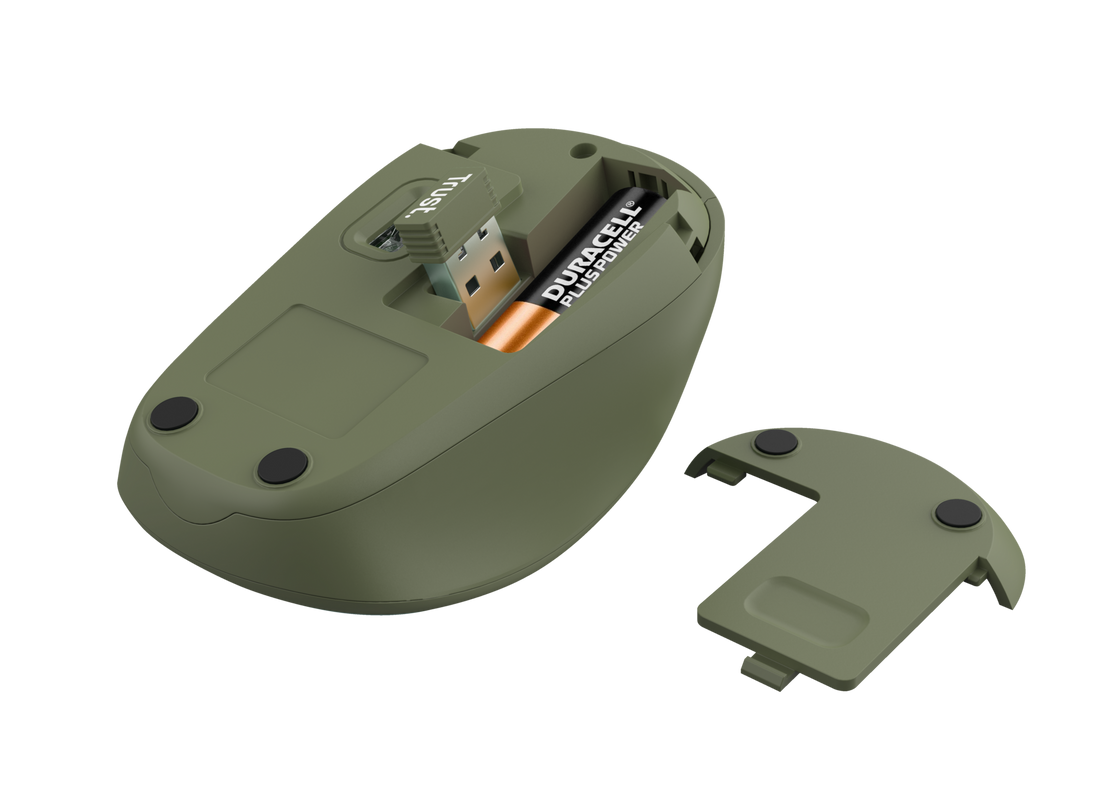 La parte inferior de un ratón verde, con batería y almacenamiento USB.