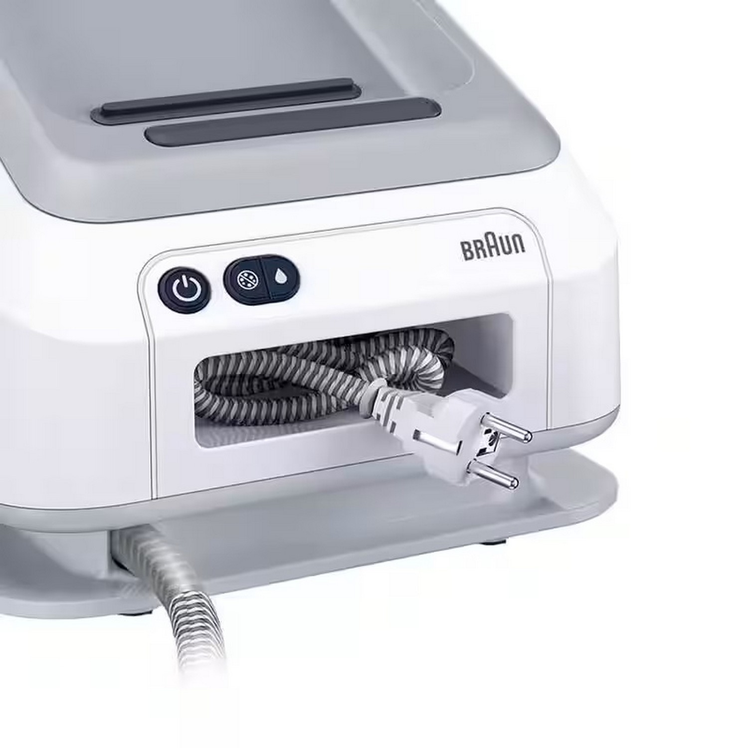 A white and gray Braun garment steamer with a plug and a coiled cord visible.