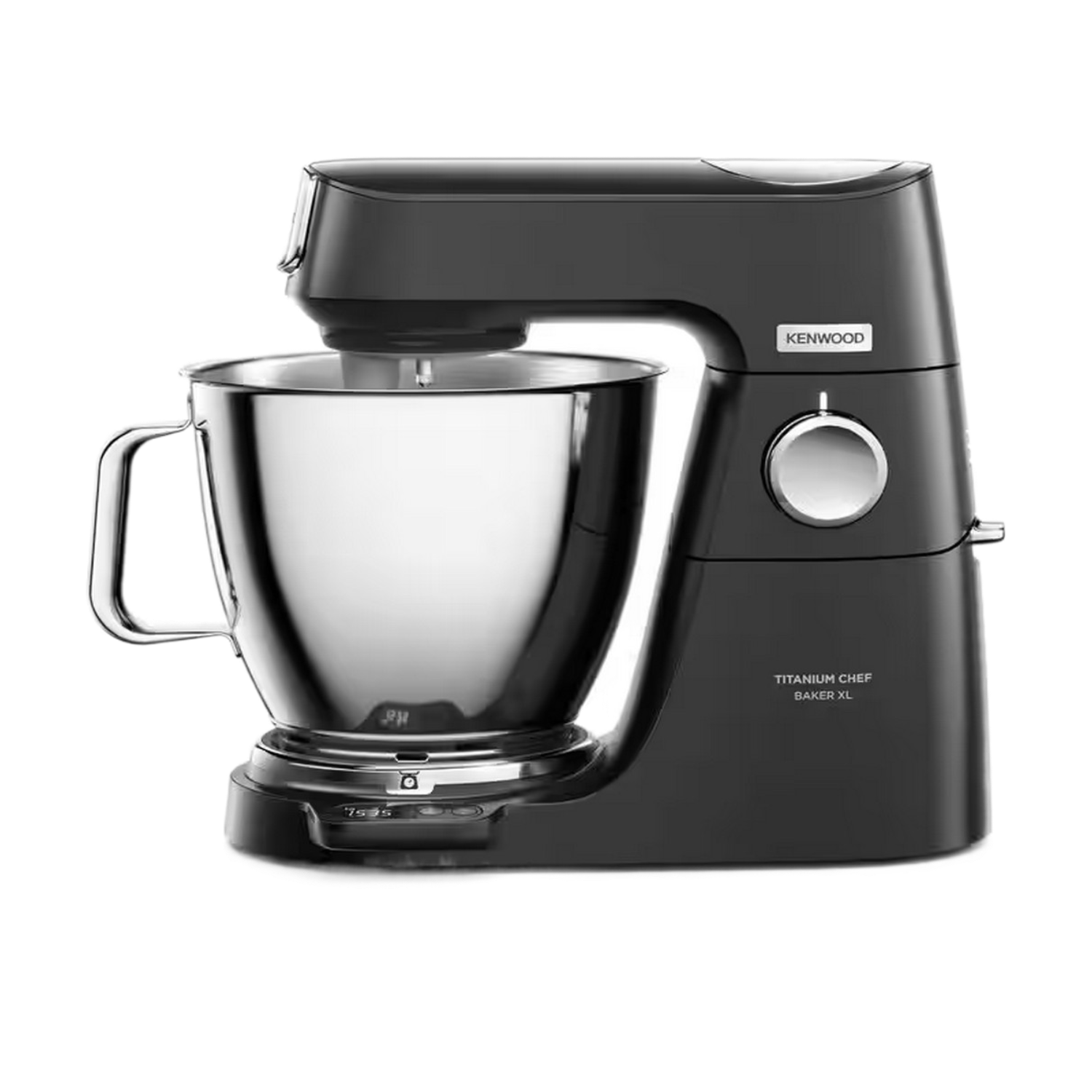 Mixeur noir Kenwood Titanium Chef Baker XL avec un bol en acier inoxydable. Base noire et détails argentés.