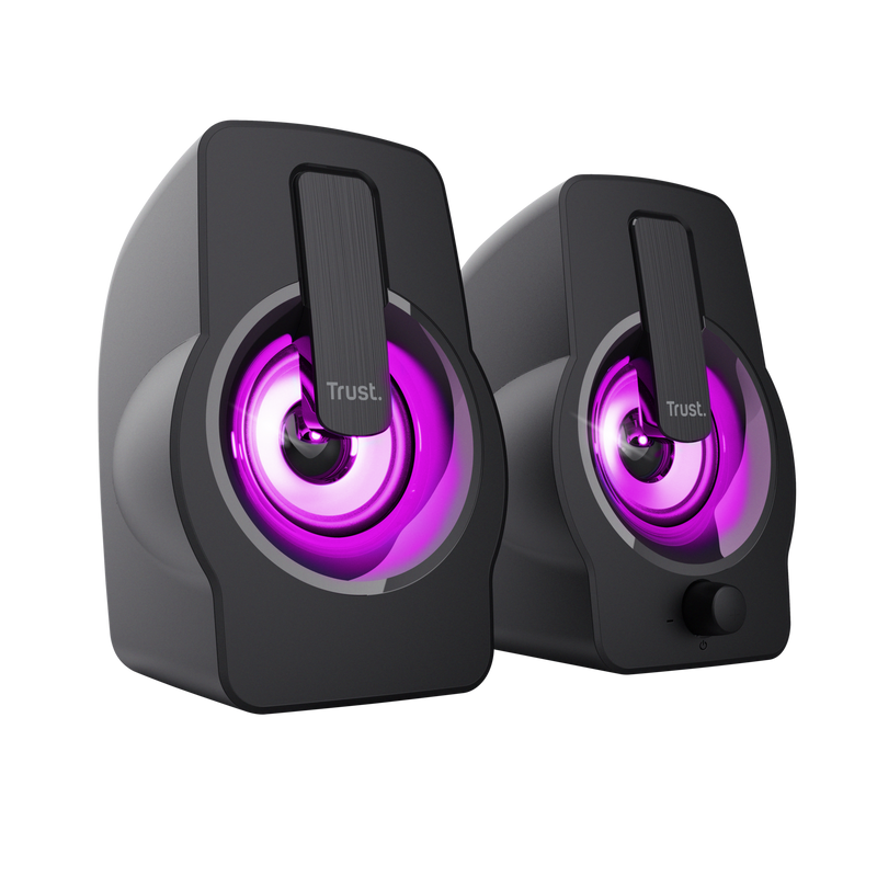 Par de altavoces negros con luces moradas y control de volumen en uno.