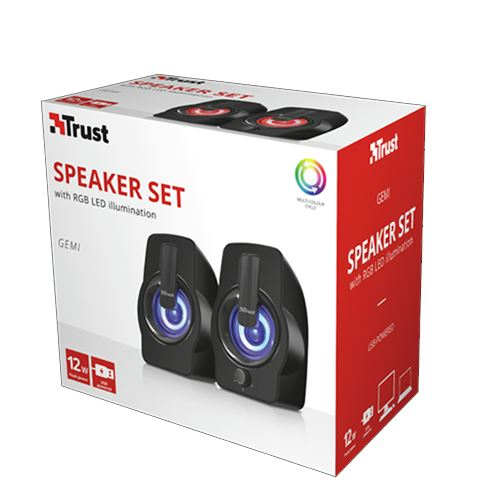 Caja de altavoces con altavoces e iluminación LED RGB. Fondo: blanco.