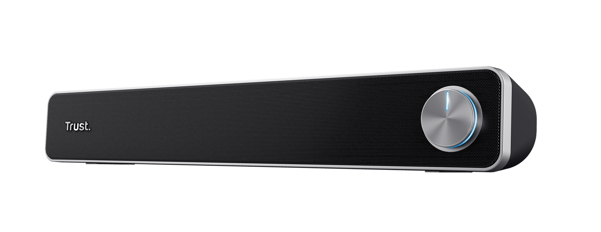 Barra de sonido negra con detalles plateados. Perilla plateada con luz azul.
