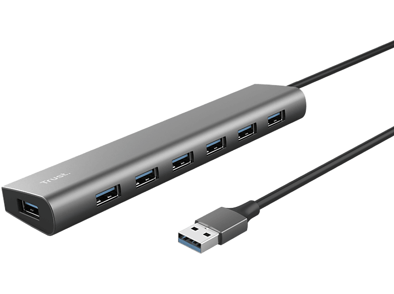 REACONDICIONADO Seminuevo Excelente Hub USB/Concentrador - Trust Halyx, 7 puertos en 1, Para portátil o Macbook, 5 Gbit/s, Gris