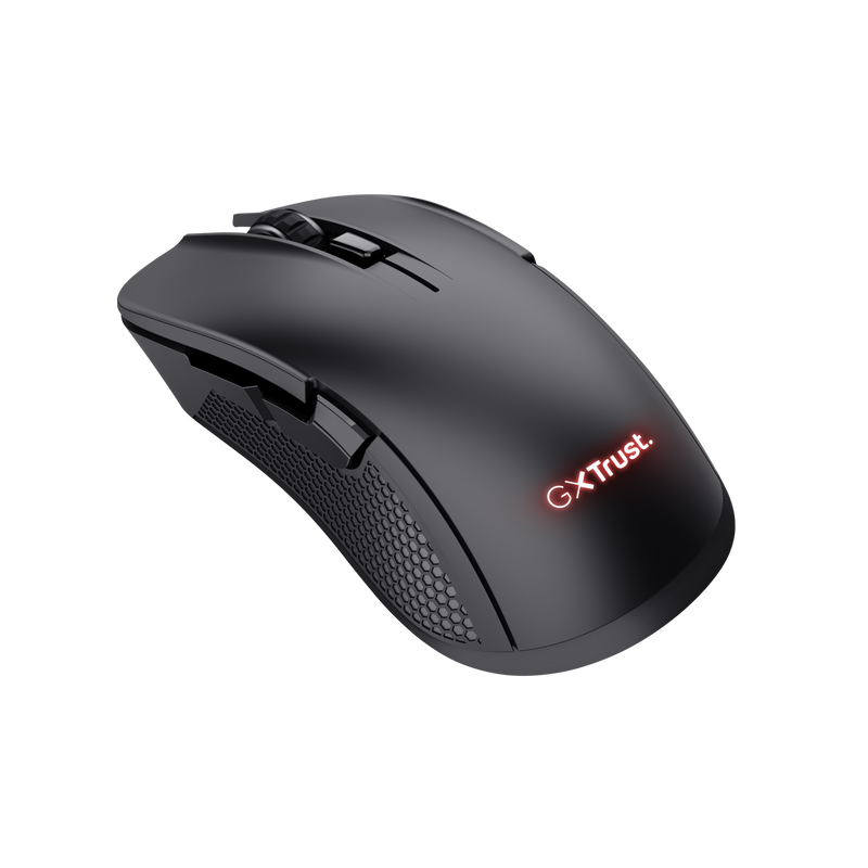 Ratón gaming negro sobre fondo negro. Logotipo rojo GX Trust iluminado.