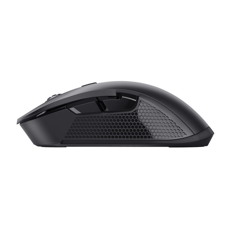 Ratón gaming negro con patrón de panal en el lateral.