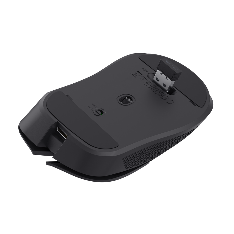 Ratón inalámbrico negro, vista inferior. Tiene interruptor, puerto de carga y ranura USB.